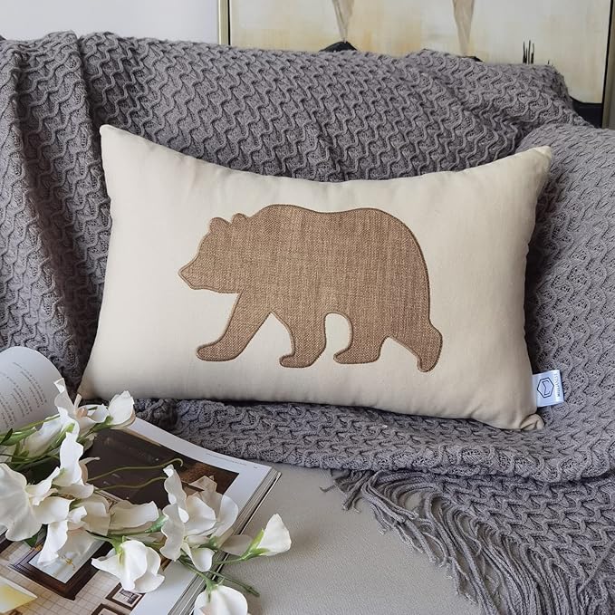 Lumbar Pillow Covers 12x20 Inches Bear Decorative Cotton Linen Throw Lumbar Waist Embroidered Cushions Covers for Couch Sofa Bedroom (Khaki)-Ruum Studio Home