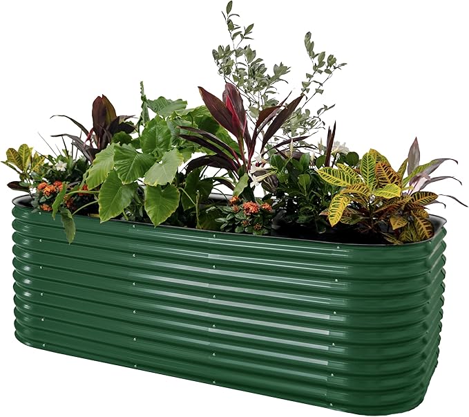 Vego garden 32" Extra Tall Raised Garden Bed Kits, 10 in 1 Modular Raised Planter Box for Vegetables Flowers Fruits Oval Metal Raised Garden Bed- British Green-Ruum Studio Home