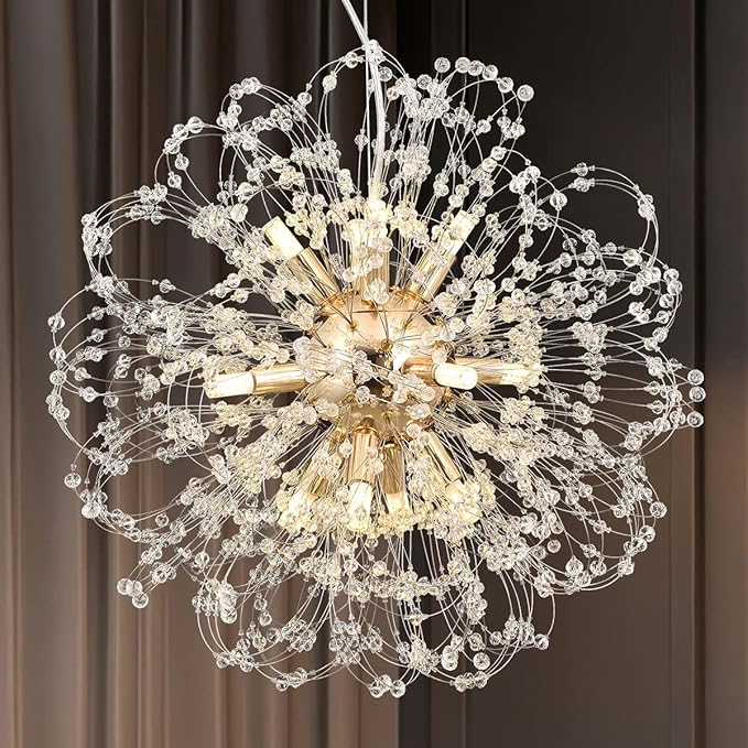 Modern Dandelion Chandelier, Sputnik Crystal Beaded Ceiling Lamp with Gold Finish, Round Sunflower Pendant Light Fixtures for Dining Room Bedroom Foyer Farmhouse (Gold 12Lights)-Ruum Studio Home