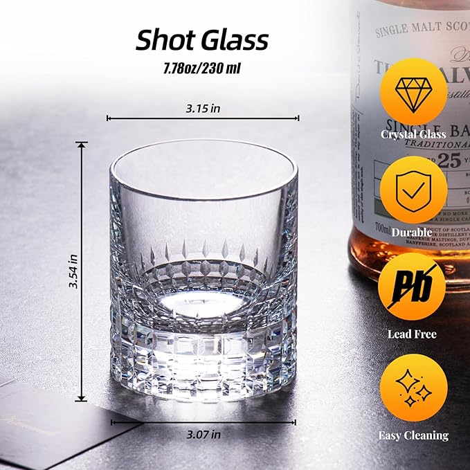 KAMMAK Crystal Whiskey Glasses Set of 2, Luxury 7.78oz Old Fashioned Glasses Stemless, Hand Blown Cocktail Glasses, Handcrafted Cut Scotch Cup for Women, Men Gift for Bourbon Barware, Home Bar-Ruum Studio Home