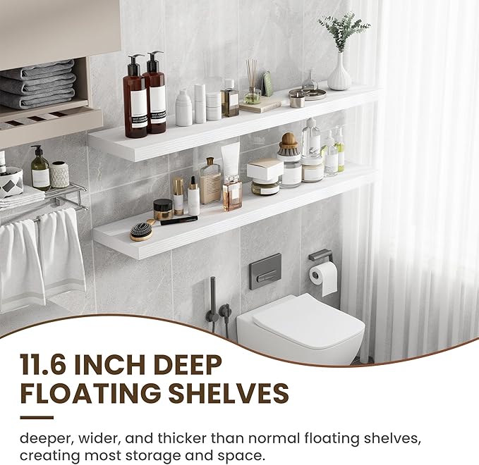 55 Inch Floating Shelves, 12 Inch Deep Floating Shelves for Wall, Floating Shelf with Invisible Brackets, 55 Inch Wide x 12 Inch Deep Wall Shelves for Bathroom, Bedroom, Living Room,1 Pack,White-Ruum Studio Home