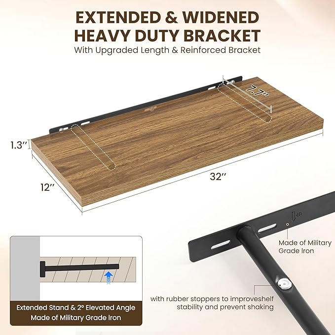 32" Floating Shelves for Wall, 12" Deep Slim Walnut Floating Shelves, Wall-Mounted Shelves for Bedroom, Living Room, Kitchen, Bathroom - Set of 2-Ruum Studio Home