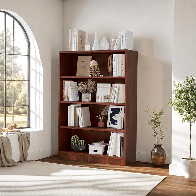 Bookshelf, Open Modern Bookshelf, 4 Shelf Bookcase with Freestanding Display Storage, Wooden Book Shelf for Bedroom, Living Room, Dinning Room, Office, 48 Inch, Brown-Ruum Studio Home