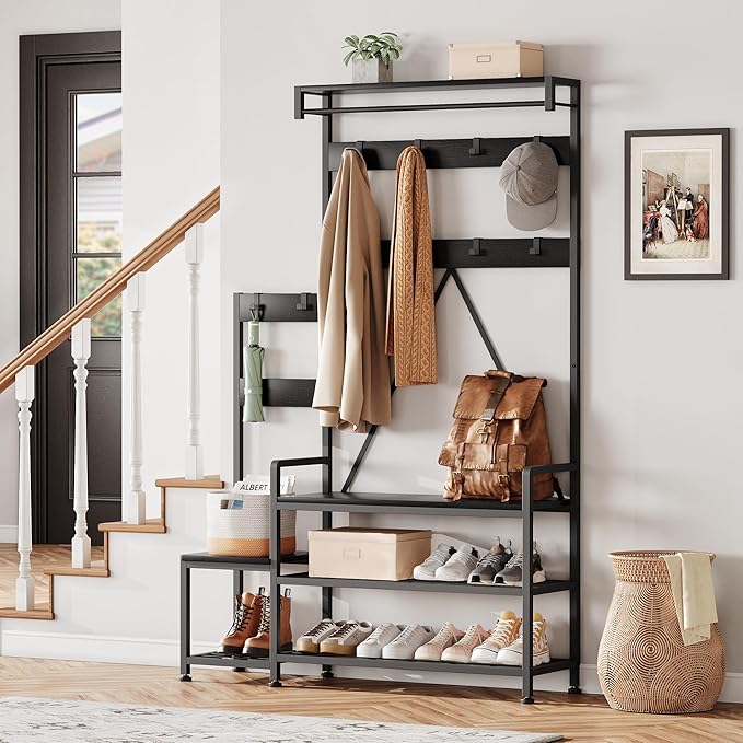 IDEALHOUSE Parent-Child Coat Rack Shoe Bench Hall Tree with Bench and Shoe Storage Industrial Coat Tree Entryway Large Organizer with Shoe Rack, Storage Cubbies, Hooks, and Top Shelf-Ruum Studio Home