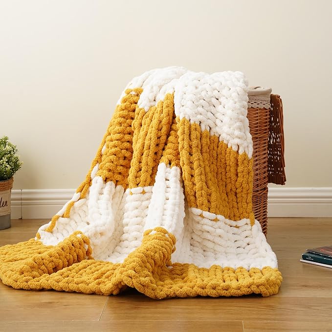 Battilo Chunky Knit Throw Blanket, Soft and Thick Chenille Throw Blanket, 50"x60" Handmade Cable Knit Crochet Blanket, Large Rope Knot Throw Blankets for Couch Sofa Bed Home Decor, Yellow & White-Ruum Studio Home