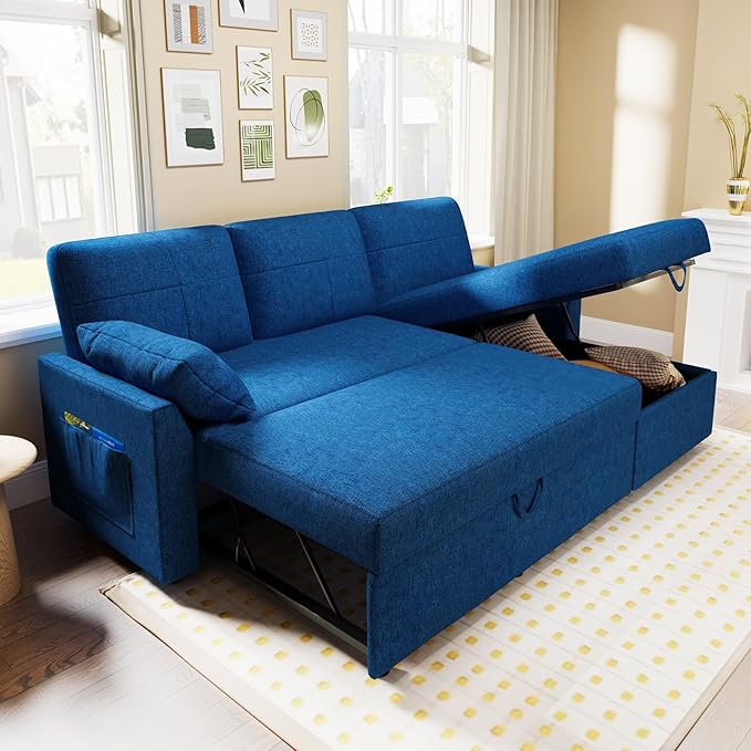 VanAcc Sleeper Sofa - 2 in 1 Pull Out Couch Bed with Storage Chaise for Living Room, Linen Blue-Ruum Studio Home
