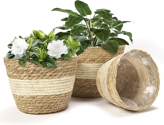 Athaliah Plant Basket, 3 PCS Plant Baskets Indoor with Plastic Liner, Water Hyacinth and Corn Stalk Woven Planters Flower Basket, Planter Basket for Rustic Home Floor Potted Pots Decor-Ruum Studio Home