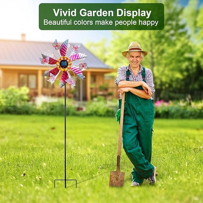Solar Wind Spinners for Yard and Garden - 61.5 Inch 360° Metal Large Wind Sculptures Outdoor Clearance Kinetic Windmills with Vine String Shining LED Lights for Patio, Lawn Garden Decoration-Ruum Studio Home