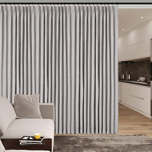 100" W x 96" L Faux Linen Room Divider Curtains, Full Blackout Pinch Pleated Drapes for Traverse Rod, Bedroom Divider Privacy Drapery with Hooks for Ceiling Track, 1 Panel, Browish Grey-Ruum Studio Home
