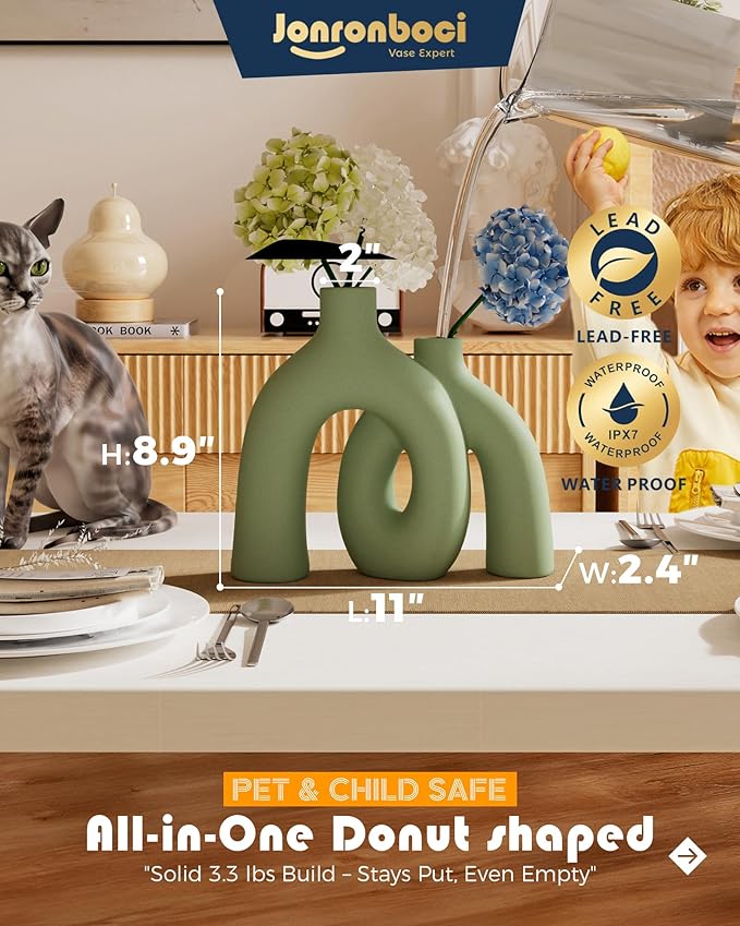 Hug Donut Decorative Vase Set - Sage Green Modern Nordic Boho Style Vases Home Decor,Matte Ceramic Decorations for Living Room Shelf, Bookshelf Mantle Entryway Table or Console Décor(Green)-Ruum Studio Home