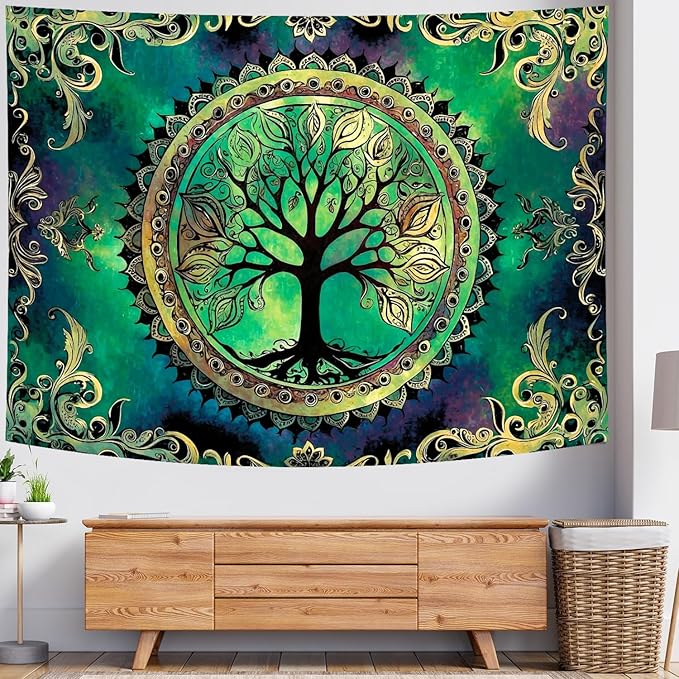 Delur Tree of Life Tapestry Green Nature Bohemian Mandala Spiritual Tapestry Wall Hanging Mystical Landscape Hippie Psychedelic Headboard for Bedroom Living Room Home Decor (70.8" x 92.5")-Ruum Studio Home