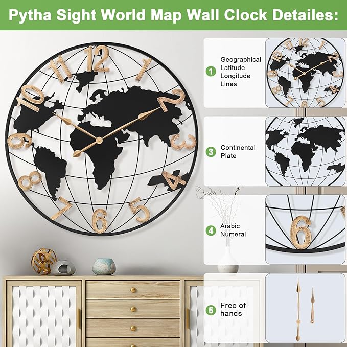 36 Inch Extra Giant Oversized Black Metal Wall Clock,Large Modern Decorative Silent World Map Wall Clock with Vintage Gold Arabic Numeral for Living Room,Entrance Fireplace,Dining Room Decor-Ruum Studio Home