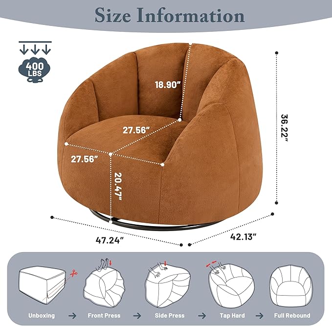Giant Bean Bag Swivel Chair for Adults - Comfy Plush Round Shell Soft Accent Chair, Oversized Cozy Floor Sofa for Living Room, Bedroom & Game Rooms, Orange-Ruum Studio Home