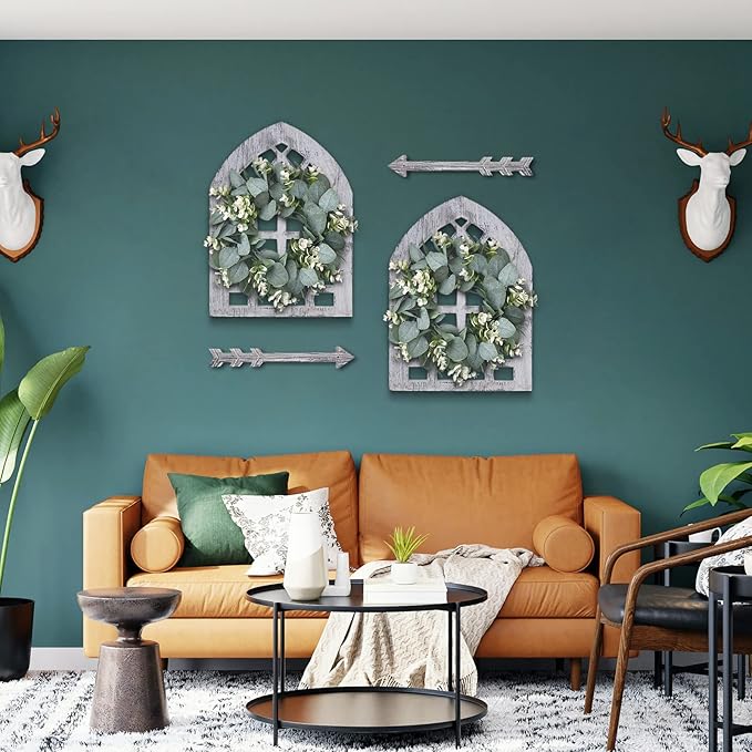 Rustic Wood Window Frame with Green Wreath and Arrows Wall Decor，Farmhouse Window Frame Hanging Decor, Wooden Fake Decoration,Window Pane Wall Decor,Set of 2 (windows white)-Ruum Studio Home