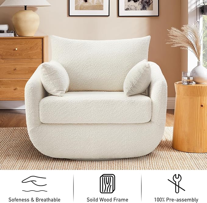 360° Swivel Accent Armchair, 39.3" Oversized, Sherpa Boucle Fabric Sofa Chair with Removable Back & Arm Pillows, Swivel Chair with Cozy Soft Padded, No Assembly Required (1, Cream White)-Ruum Studio Home