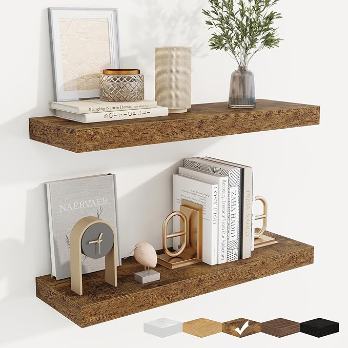 fuqing Floating Shelves for Wall, Bathroom Shelf Wall Mounted for Storage, Shelves with Invisible Bracket for Bedroom, Kitchen, Living Room, Farmhouse Small Book Shelf, 24 Inch Set of 2, Rustic Brown-Ruum Studio Home