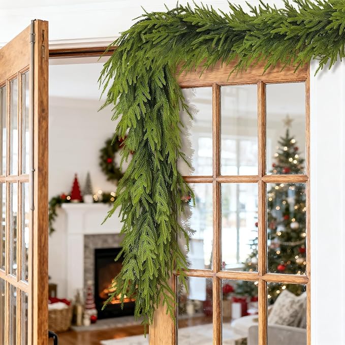 Artificial Norfolk Pine Garland - Faux Christmas Garland Fake Green Garland for Fireplace,Table, Stairs, Mantle, Window,Indoor Outdoor,Home,Holiday Decor (2 PCS,9 FT)-Ruum Studio Home