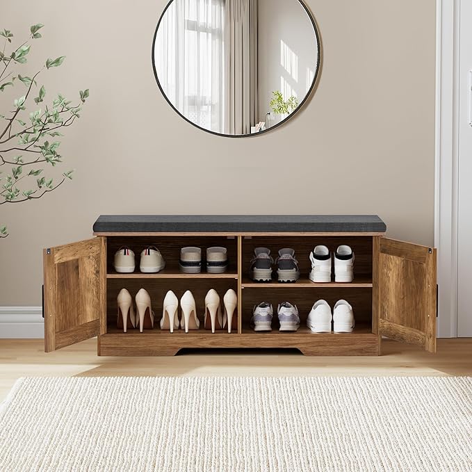 2-Tier Storage Bench, Shoe Bench with Padded Seat Cushion, Entryway Bench with 2 Barn Doors, Adjustable Shelf, 13.8" D x 39.4" W x 17.7" H, for Entryway, Living Room, Bedroom, Rustic Walnut-Ruum Studio Home