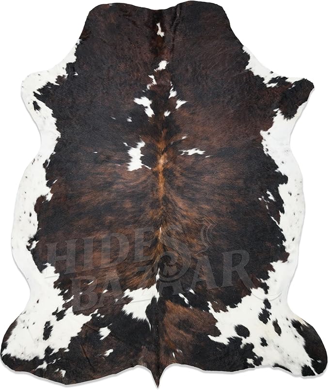 Natural Cowhide Rug for Home & Office Premium Dark Tricolor Cowhide Rug with Unique Dark Brown, Black & White Patterns- Cow Hide Rugs Made with Tanned Leather - Cow Hide Rugs 6x7-8 ft-Ruum Studio Home