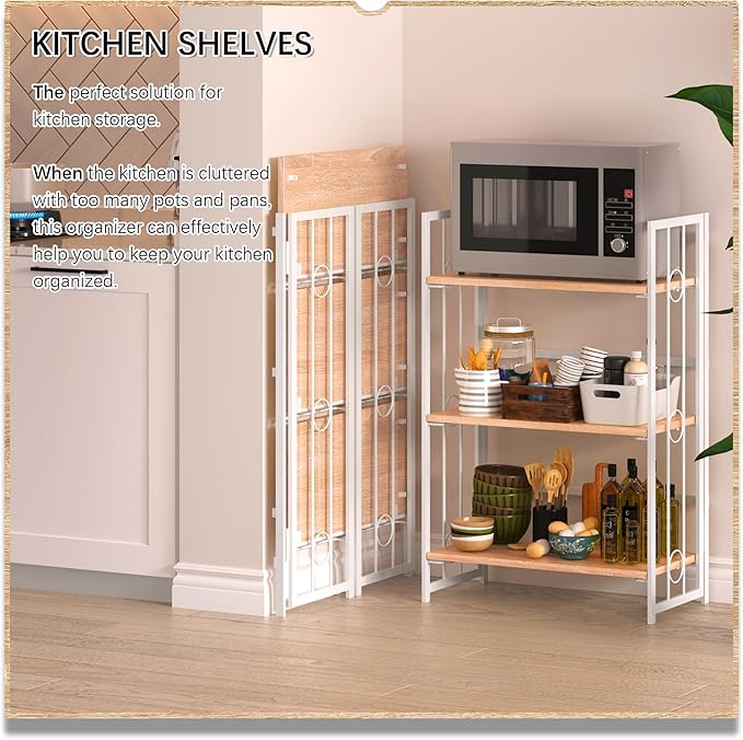 4NM No Assembly 3 Tiers Folding Bookshelf, 35" H Foldable Storage Shelves Vintage Bookcase Standing Racks Study Organizer Home Office - Natural White-Ruum Studio Home