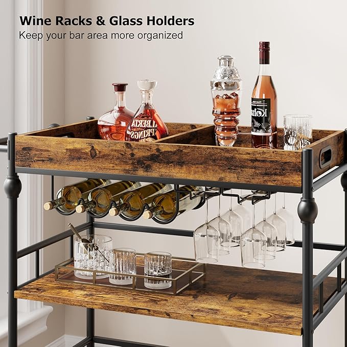 Bar Cart, Bar Carts for The Home, 3 Tier Serving Cart with Wheels, Home Bar & Serving Carts, Metal Rolling Cart with Wine Rack & Removable Tray for Kitchen, Dining Room, Living Room-Retro Brown-Ruum Studio Home