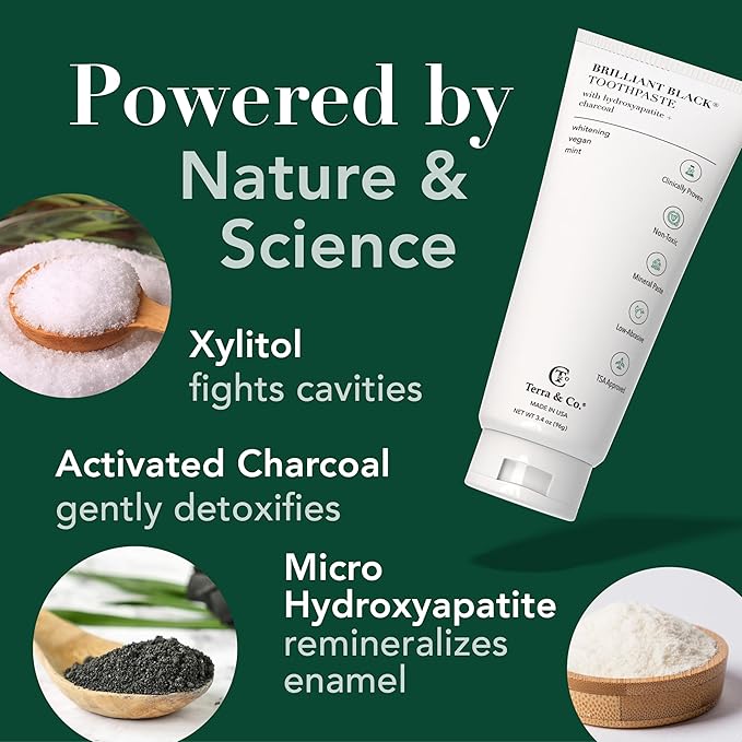 Terra & Co. Brilliant Black Hydroxyapatite Toothpaste for Whitening Teeth – USA-Made - Natural Remineralizing Toothpaste, Fluoride-Free, Vegan, SLS-Free, Low Abrasion – Mint, 3.4 oz-Ruum Studio Home
