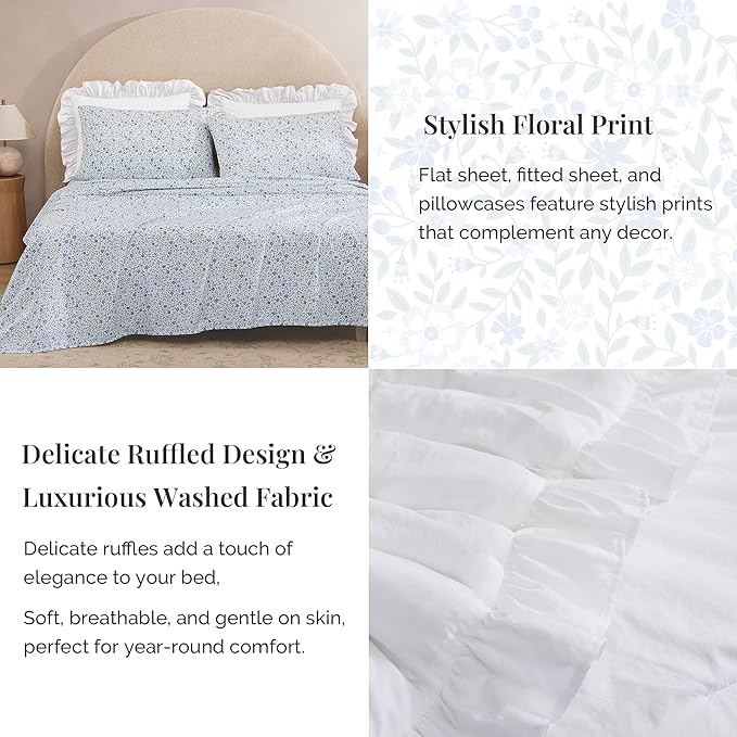 King Comforter Set - 7 Pieces Ruffle White Bedding Sets, Shabby Chic Farmhouse Bed in a Bag King with Ruffle Comforter, Floral Sheets, Pillowcases & Shams-Ruum Studio Home