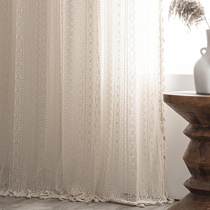 Sutuo Home Crochet Boho Curtain 96 Inches Length, Sheer Lace Handmade Tassels Knitted Window Treatment Vintage Rustic Bohemian Farmhouse Drape for Bedroom Rod Pocket 1 Panel 59" W x 96" L, Beige Wave-Ruum Studio Home