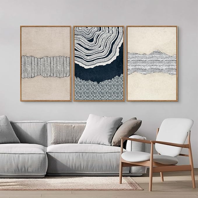 SIGNINART Blue and Beige Framed Canvas Wall Art Set, Neutral Abstract Tree Ring Wall Decor, Minimalist Dots and Line Artwork, Geometric Pattern Art Paintings for Living Room, Bedroom, Office 16"x24"x3-Ruum Studio Home