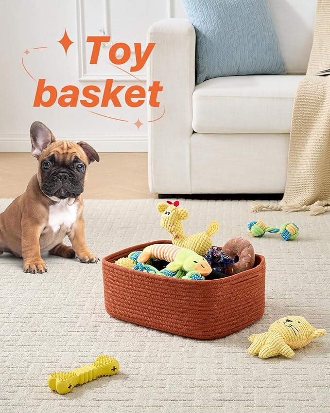 KALLAX Small Woven Basket, 13.5 x 9.5 x 5 Inches, Storage Basket for Organizing, Cute Small Rope Shelf Closet Cube Storage Bins Baskets for Shelves, Dog Toy Gift Baskets Empty, 3 Pack Rust Red-Ruum Studio Home