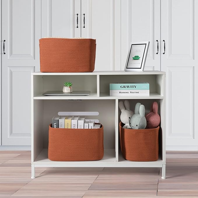 Cotton Rope storage Basket Bins Woven Basket for Organizing Shelves Rectangle Decorative Baskets For storage Clothes Toys Books Towels Square Wicker Nursery basket organizer 3 pack Rust-Ruum Studio Home