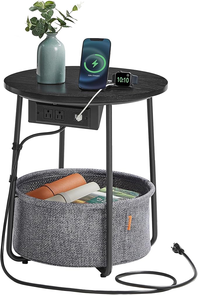 VASAGLE Side Table with Charging Station, Round End Table with Fabric Basket, Nightstand with Power Outlets, USB Ports, for Living Room, Bedroom, Modern, Ebony Black and Slate Gray ULET228B01-Ruum Studio Home