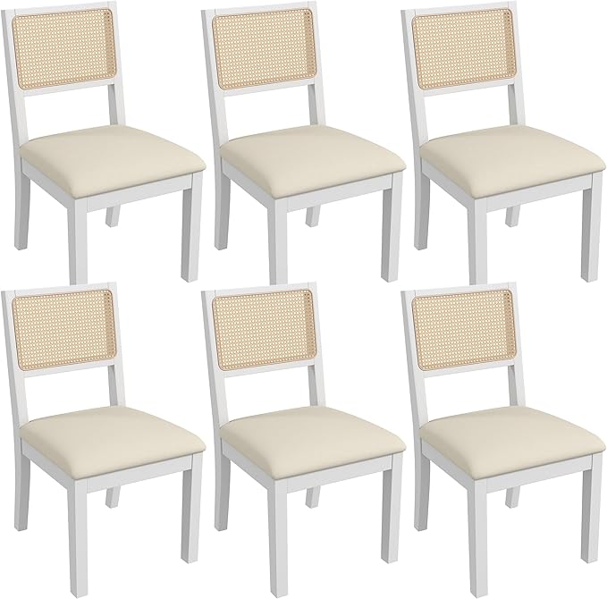 Westice Rattan Dining Chairs Set of 6, Farmhouse Natural Dining Room Chairs with Upholstered Cushion, Wood Armless Chairs for Kitchen/Restaurant, White-Ruum Studio Home