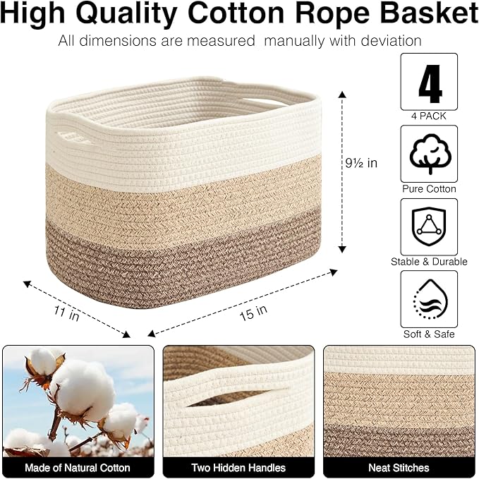 Storage Baskets for Organizing & Shelves, Woven Cotton Rope Organization Bins for Dog Toys, Clothes, Books, Nursery Organizer, 15"Lx11"Wx9.5"H, (4 Packs) Gradient Brown-Ruum Studio Home