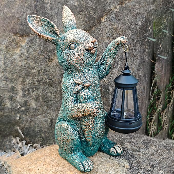Solar Garden Statues -Rabbit Lantern Outdoor Handmade Resin Statue with LED Light, Cute Carrot Holder for Patio, Yard, Gift Ideas (rabbit2)-Ruum Studio Home