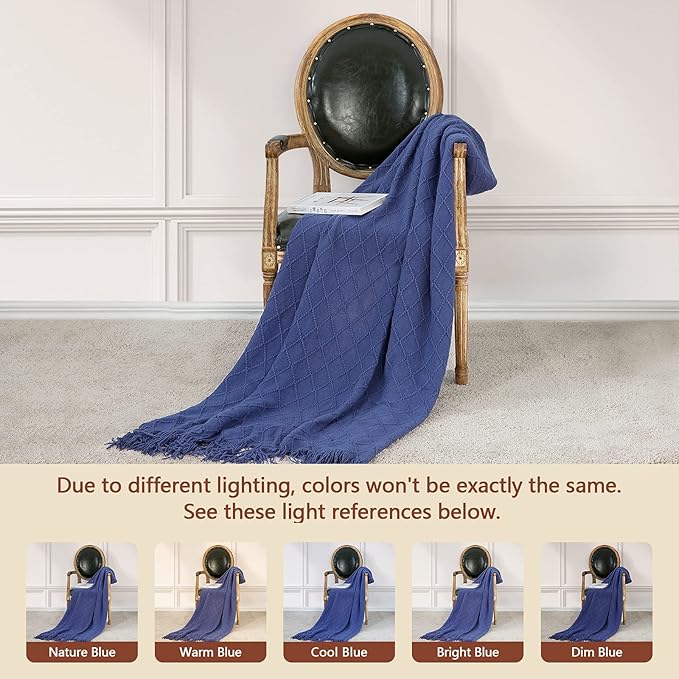 inhand Navy Blue Throw Blanket for Couch and Bed, Soft Living Room Home Decor Knitted Blanket with Tassel, Outdoor Lightweight Breathable Summer Blanket, Farmhouse Warm Woven Decorative, 50"x60"-Ruum Studio Home