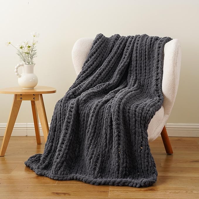 Battilo Chunky Knit Throw Blanket, Soft and Thick Chenille Throw Blanket, 50"x60" Handmade Cable Knit Crochet Blanket, Large Rope Knot Throw Blankets for Couch Sofa Bed Home Decor, Grey-Ruum Studio Home