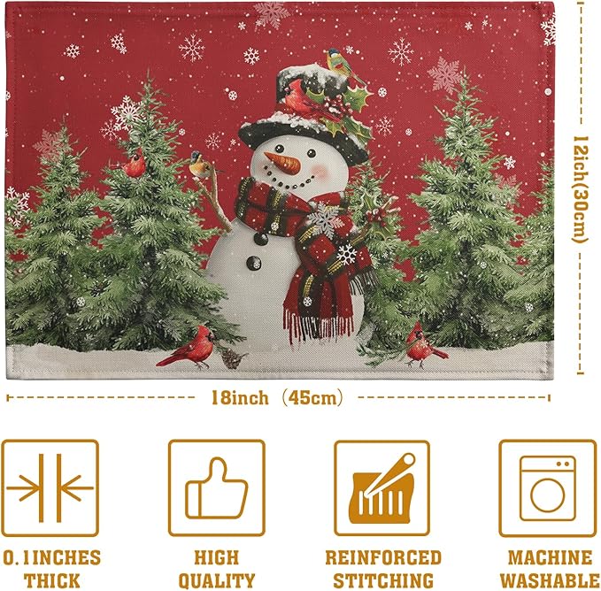 Snowman Christmas Red Placemats Set of 4 Xmas Tree Cardinal Snowflakes Linen Table Mats Seasonal Winter Holiday Place Mats Washable Placemat for Party Kitchen Dining Outdoor Indoor Decor-Ruum Studio Home