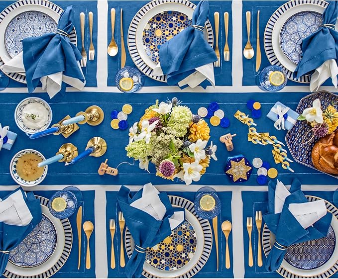 Solino Home Linen Indigo Blue Table Runner 144 Inches Long - 100% Pure Linen Extra Long Table Runner 14 x 144 Inch for Fall, Autumn - Classic Hemstitch-Ruum Studio Home