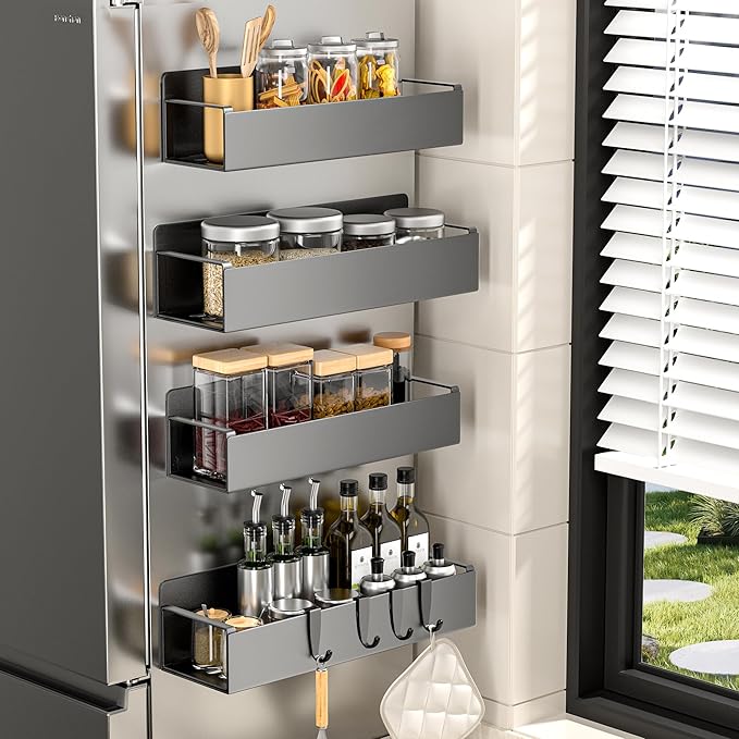 4 Pack Magnetic Spice Rack for Refrigerator, Black Magnetic Shelf for Kitchen Organizer and Storage, Mini Organizers for Oven and Fridge with 4 Hooks-Ruum Studio Home