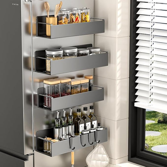 4 Pack Magnetic Spice Rack for Refrigerator, Black Magnetic Shelf for Kitchen Organizer and Storage, Mini Organizers for Oven and Fridge with 4 Hooks-Ruum Studio Home