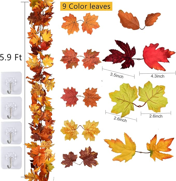 DearHouse 2 Pack Fall Maple Leaf Hanging Vine Garland Artificial Autumn Foliage Thanksgiving Decor for Home Wedding Fireplace Party Christmas (Light Yellow)-Ruum Studio Home