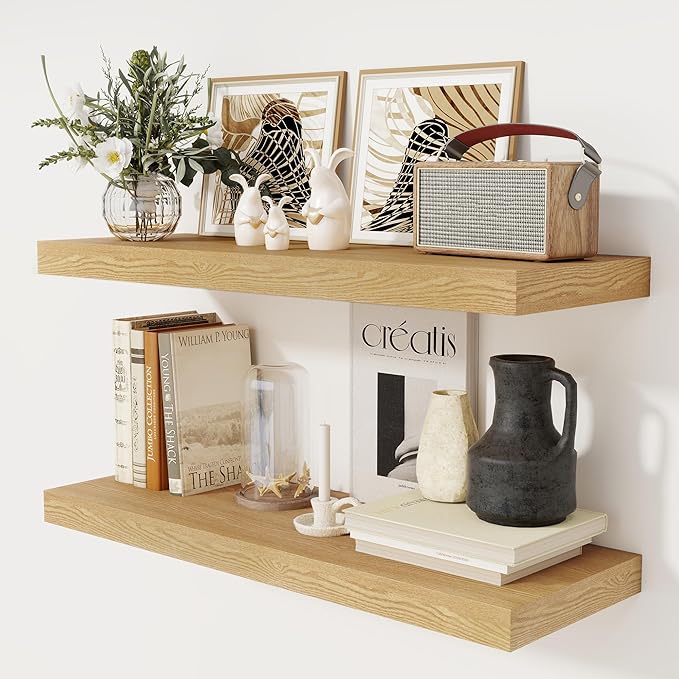 Floating Shelves 36 Inch Long, 12 Inch Deep Floating Shelves for Wall, 36 x 12 Shelves for Wall Storage & Display, 2" Thick Floating Shelf for Bathroom, Living Room, Bedroom, Oak Color, Set of 2-Ruum Studio Home