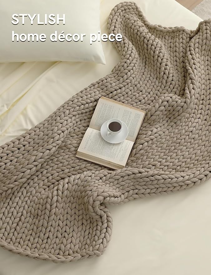 YnM Chunky Throw Blanket, Medium-Weight, Hand Knitted, Skin Friendly, Ventilated and Breathable, Machine Washable, Home Décor Piece for Couch, Sofa and Bed (Beige, 50x70 Inch)-Ruum Studio Home