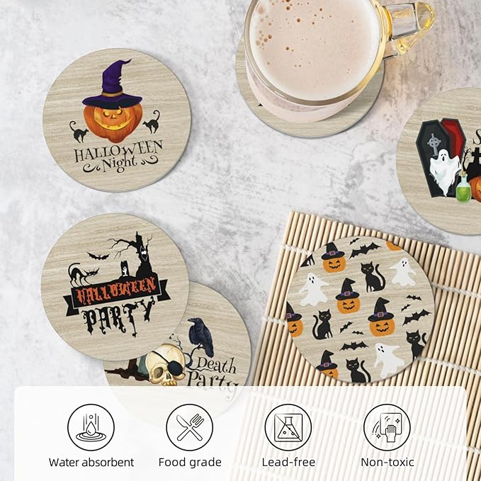 Halloween Coaster for Drinks Set of 6 with Metal Holder and Cork Base Ceramic Drink Coasters Absorbent Cup Mat Non-Slip for Home Kitchen Office Table Decor, 4 Inch-Ruum Studio Home