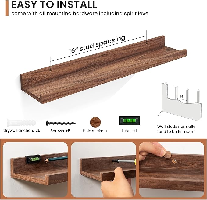 Fun Memories Picture Ledge Shelves Set of 2, 24 Inch Rustic Wall Mounted Floating Shelves with Lip for Home Storage and Décor in Bathroom, Kitchen, Nursery, Bedroom, Living Room, Walnut-Ruum Studio Home
