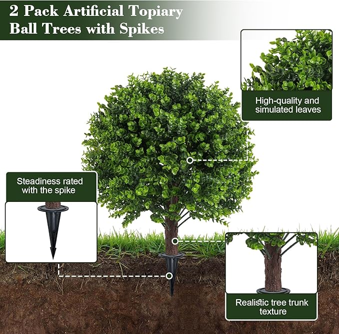 Artificial Boxwood Topiary Outdoor Plants with Spike, 2 Pack Faux Bushes UV Resistant Fake Shrubs for Front Porch Décor-Ruum Studio Home