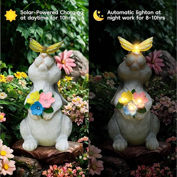 Solar Bunny Statues Light with Butterfly LED - Auto On/Off Weathproof Resin Garden Figurine Decor Gift for Pathway, Patio & Mom's Flower Bed (Warm Light)-Ruum Studio Home