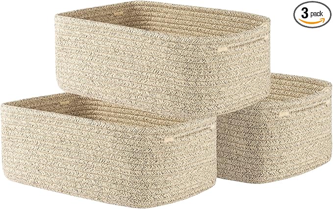 KALLAX Small Woven Basket, 13.5 x 9.5 x 5 Inches, Storage Basket for Organizing, Cute Small Rope Shelf Closet Cube Storage Bins Baskets for Shelves, Dog Toy Gift Baskets Empty, 3 Packs, Mixed Brown-Ruum Studio Home