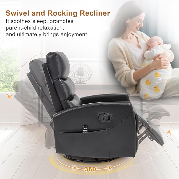 Manual Swivel Rocker Recliner Chair for Adults, Overstuffed Reclining Glider Chair for Nursing with Vibration Massage & Heat, Living Room Rocking Recliner 3-Stage backrest, Faux Leather Black-Ruum Studio Home